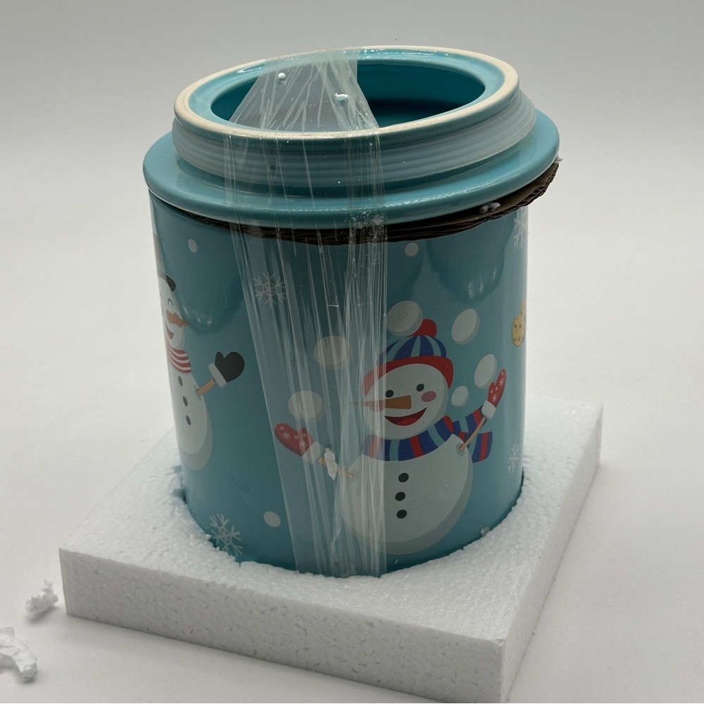 Mrs Fields Snowman Canister Cookie Jar‎ Blue Snowflakes